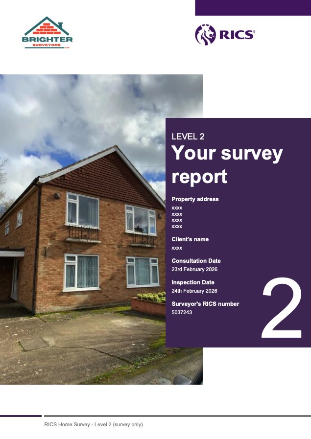 Cover page of a Brighter Surveyors RICS Level 2 home survey report for a mid-twentieth-century brick house, with the client and property details removed.