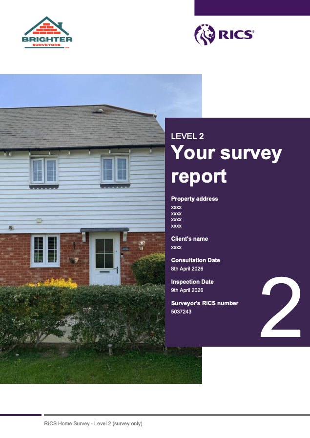 Cover page of a Brighter Surveyors RICS Level 2 home survey report for a modern weatherboarded house, with the client and property details removed.