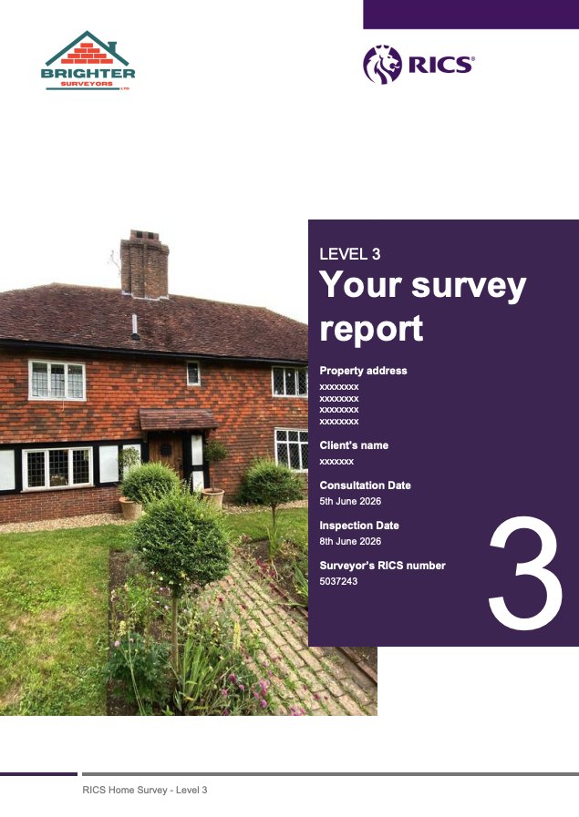 Cover page of a Brighter Surveyors RICS Level 3 building survey report for a tile-hung period cottage, with the client and property details removed.