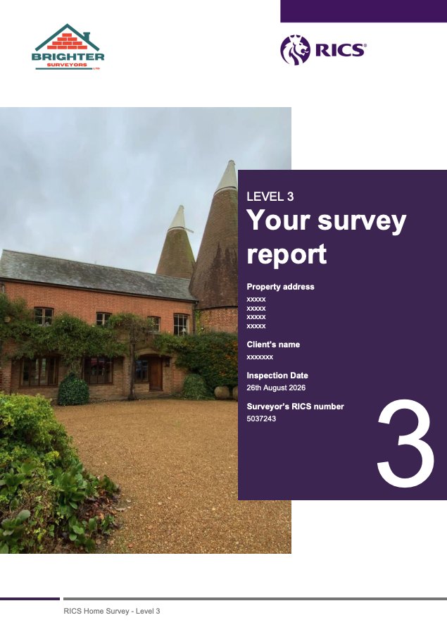 Cover page of a Brighter Surveyors RICS Level 3 building survey report for an oast house conversion, with the client and property details removed.