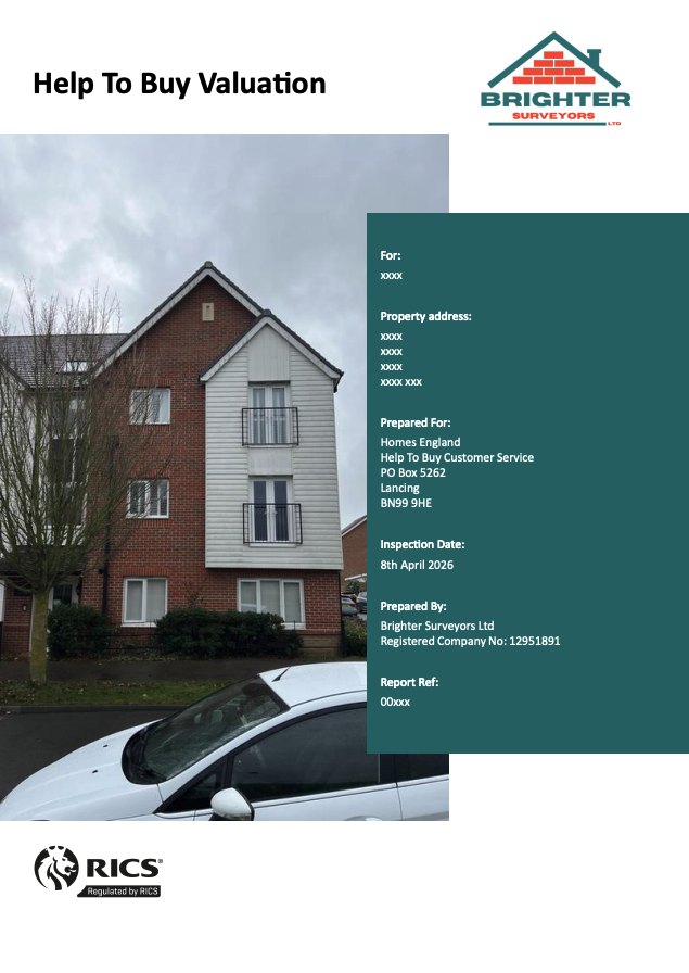 Cover page of a Brighter Surveyors Help to Buy valuation report for a modern flat, with the client and property details removed.