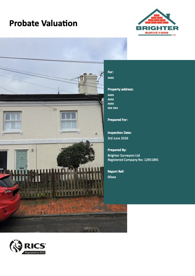 Cover page of a Brighter Surveyors probate valuation report for a terraced cottage, with the client and property details removed.