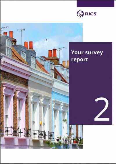 Comparison example, page one of four: a report cover with a generic stock photograph of a painted terrace, headed Your survey report.
