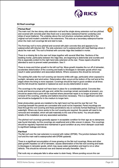 Report page one of five, headed D2 Roof coverings and carrying a condition rating of 2, describing the pitched roofs, the underlay, a missing tile and lifted tiles, deteriorating ridge mortar, moss growth, the solar panels and the flat roof.