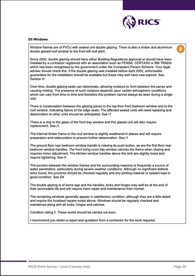 Report page one of five, headed D5 Windows and carrying a condition rating of 2, describing the double glazing and roof window, failed sealed units, a chipped pane, defective handles and the recommendation.