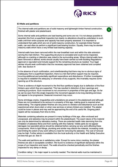 Report page one of two, headed E3 Walls and partitions and carrying a condition rating of 1, describing the internal walls, walls removed without visible support, slight movement, plaster cracking and possible asbestos.