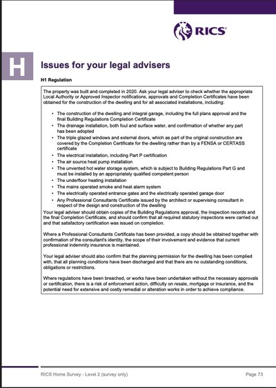 Level 2 report page 73, Section H1 Regulation: approvals and completion certificates for the legal adviser to check.