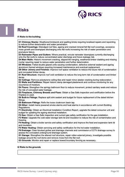 Level 2 report page 93, Section I1 Risks to the building, listed by report section with recommended actions.