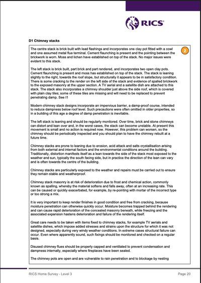 Report page one of four, headed D1 Chimney stacks and carrying a condition rating of 2, describing the centre and left stacks, their flaunching, pointing, lean and exposure, and why chimney masonry deteriorates.