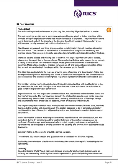 Report page one of four, headed D2 Roof coverings and carrying a condition rating of 2, describing the pitched roof, its clay tiles and ridge tiles, the slipped and missing tiles found, and how far the inspection could reach.