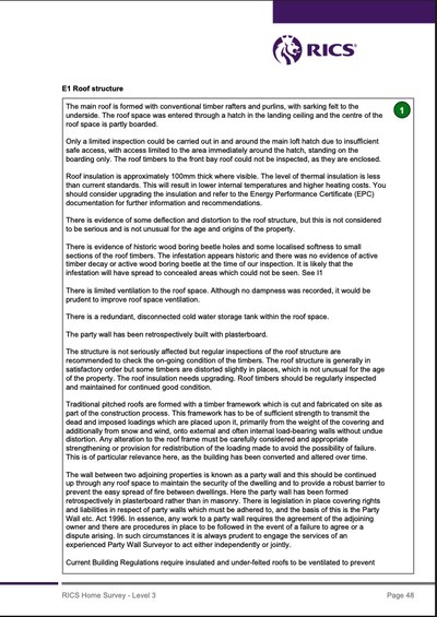 Report page one of four, headed E1 Roof structure and carrying a condition rating of 1, describing the rafters and purlins, the insulation, historic wood boring beetle holes, ventilation and the plasterboard party wall.