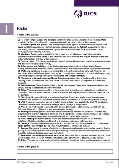 Level 3 report page 96, Section I1 Risks to the building, listed by report section with the likely consequences.